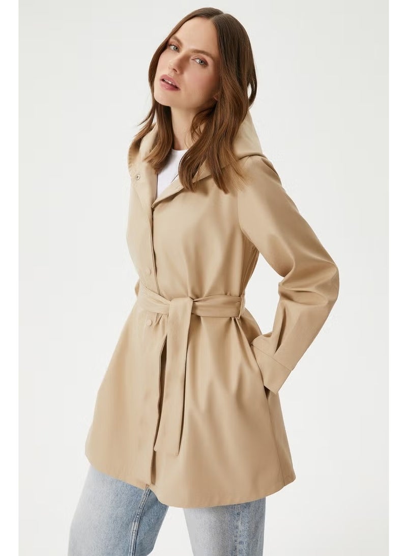 Ritnice Women's Trendy Hooded Snap-On Beige Trench Coat - Image 3
